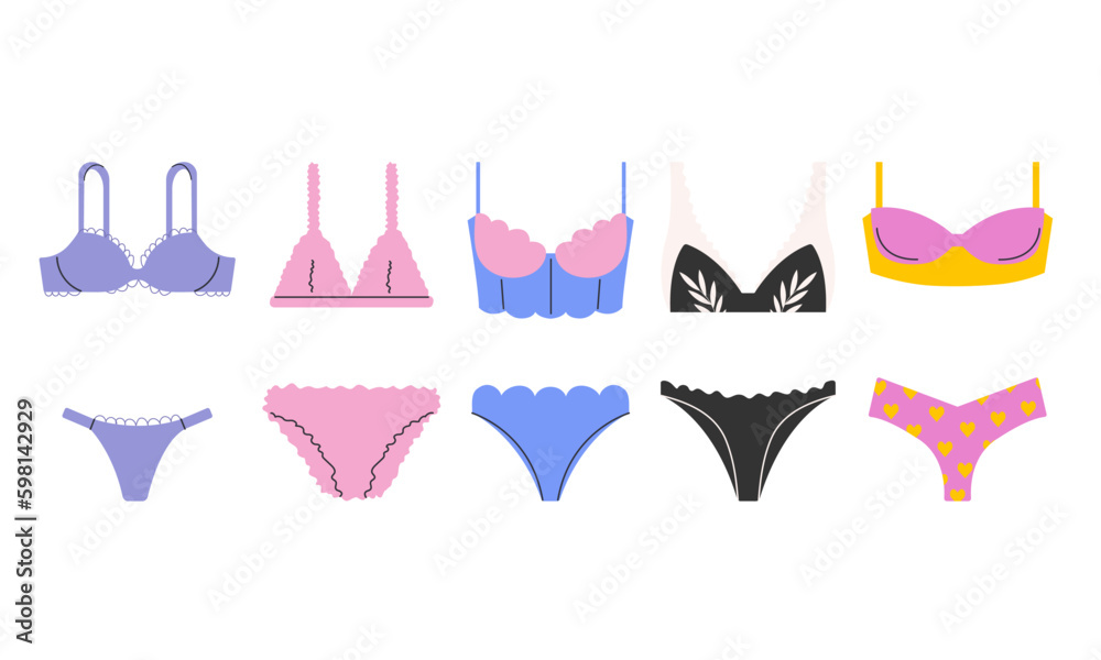 Set of colourful women's lingerie vector flat illustration. Female underwear, panties, bikinis and bras. Set of colourful women's lingerie vector flat illustration. Female underwear, panties, bikinis and bras.