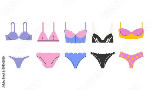 Set of colourful women's lingerie vector flat illustration. Female underwear, panties, bikinis and bras.