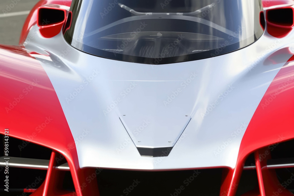A close up of a red and white race cars iconic shaped front end. Speed drive concept. AI generation. Generative AI