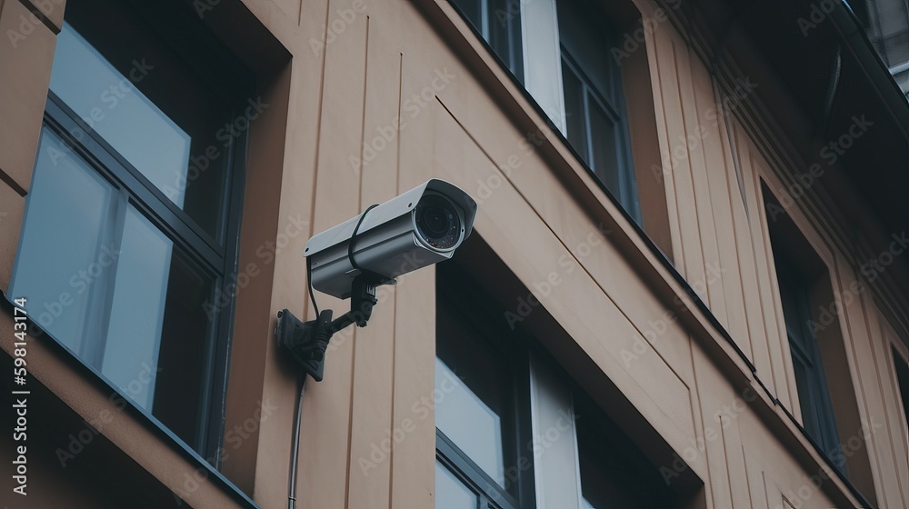 Security camera on modern building. Professional video equipment for safety system. Surveillance and monitoring concept. Modern CCTV camera technology on the wall in the city. Generative AI. Security camera on modern building. Professional video equipment for safety system. Surveillance and monitoring concept. Modern CCTV camera technology on the wall in the city. Generative AI.