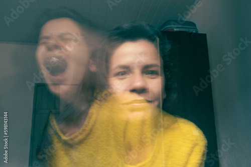 Laughing happy on the outside, crying sad on the inside. Broken soul. Soul leaving the body screaming. Desperate emotion. Sadness. Depression. Fake happiness. How I look vs how I really feel