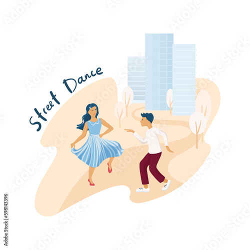 Street dance vector illustration with a couple - man and woman are dancing in a town