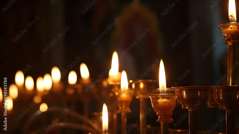 Candles in a Christian Orthodox church background. Flame of candles in the dark sacred interior of the temple