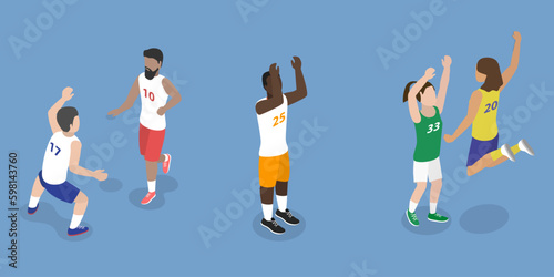 3D Isometric Flat Vector Set of Basketball Players, Various Poses