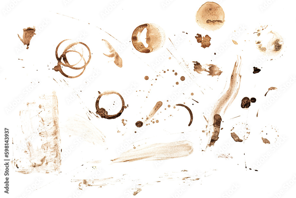 coffee stains in multiple shapes on transparent background - obrazy, fototapety, plakaty 
