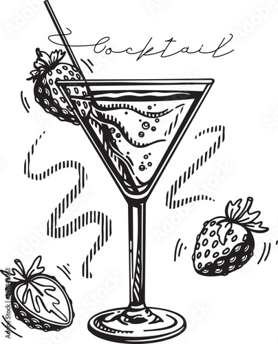 Alcoholic cocktail Martini with strawberry hand-drawn vector illustration. Black and white sketch © Irina