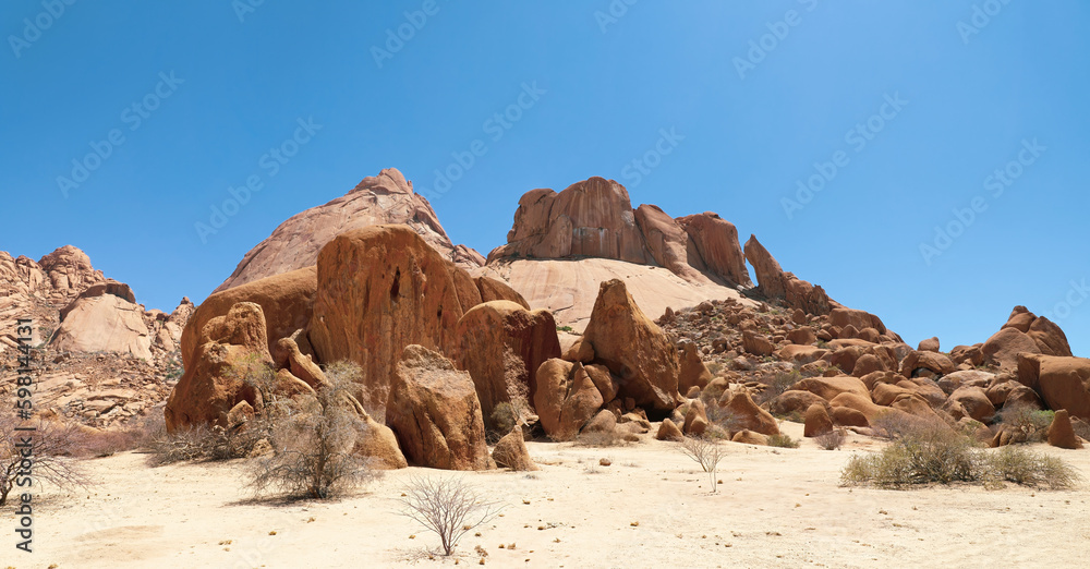Panoramic view of giant rocks and dry landscape  of Spitzkoppe Namibia
