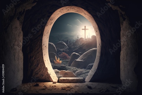 Religious Easter background. Exit from the cave in the form of a cross