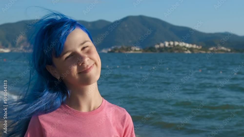 Girl with blue hair. Cute young girl with blue hair on the shore of the turquoise sea. Generative AI Girl with blue hair. Cute young girl with blue hair on the shore of the turquoise sea. Generative AI