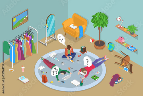 3D Isometric Flat Vector Conceptual Illustration of Lazy Children, Procrastinating