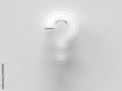 Close up question mark on a gray background. Interrogative topics. 3d rendering. Illustration for advertising. Transparent scrached galss volumed question mark. photo