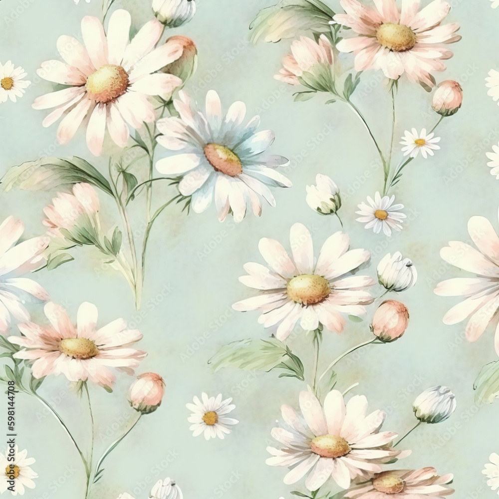Generative AI. Watercolor pattern, daisoes on bright mint background. Floral nature print on white background for spring, summer fabric textile, weddings