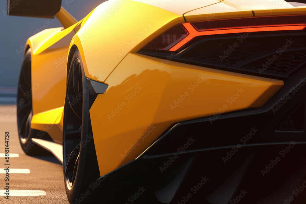A close up of a bright yellow race car with a glossy black racing stripe down its side. Speed drive concept. AI generation. Generative AI