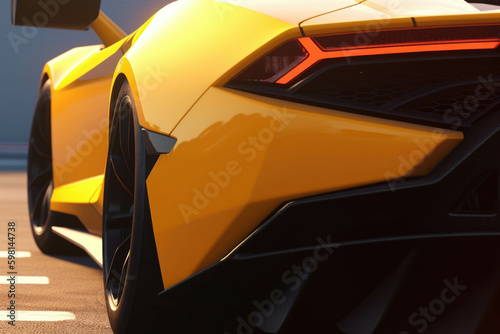 A close up of a bright yellow race car with a glossy black racing stripe down its side. Speed drive concept. AI generation. Generative AI