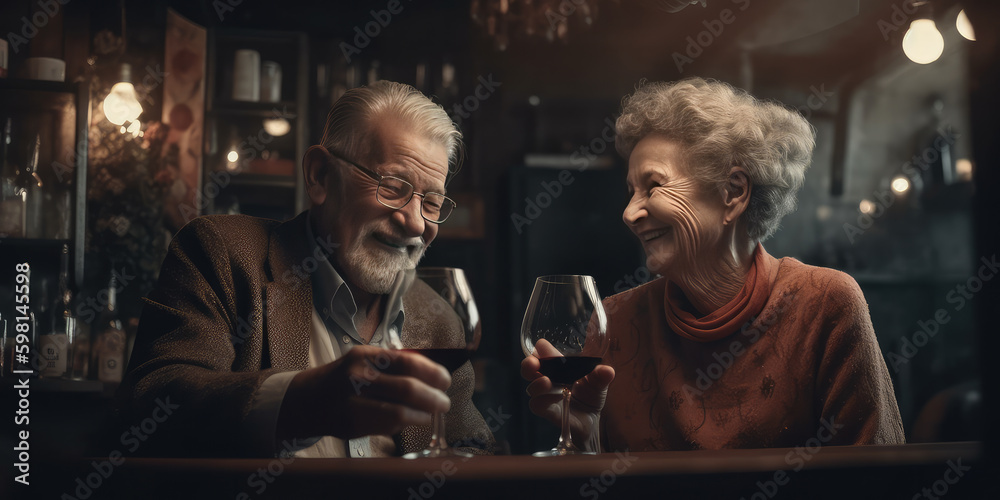 Happy elderly couple sitting in bar or pub and drinking red wine. Generative AI.