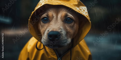Dog looking at camera wearing yellow raincoat with hood during raining weather. Generative AI. © Maria
