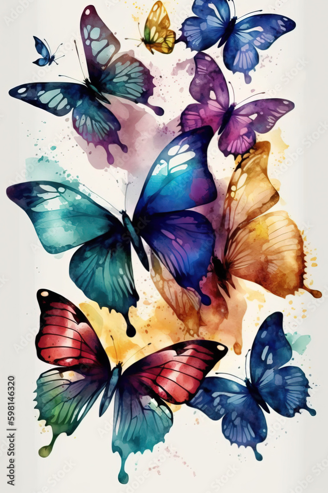 Generative AI. Colorful butterflies on an isolated white background, watercolor illustration