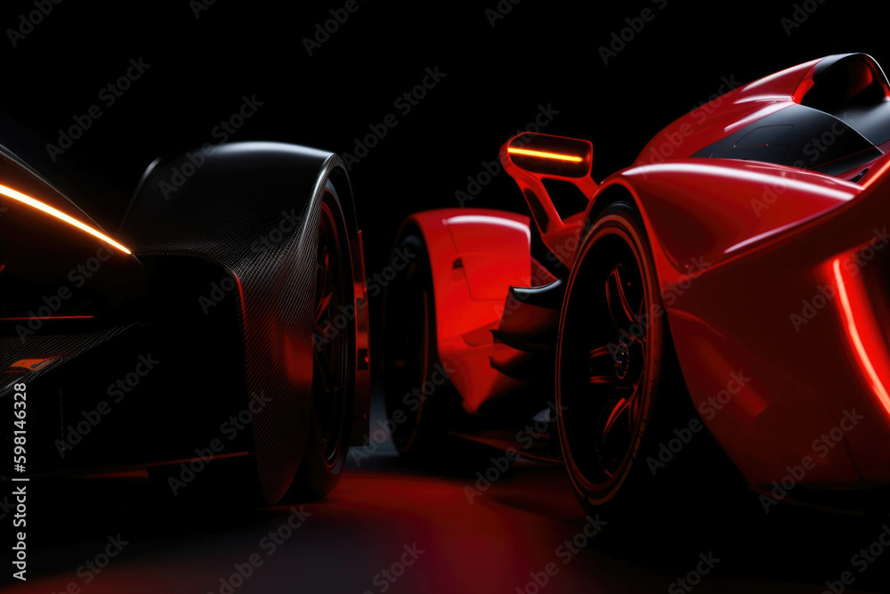 A racecars tail lights trailing in the dark its shape and curves illuminated by the moonlight as it races through Speed drive concept. AI generation. Generative AI
