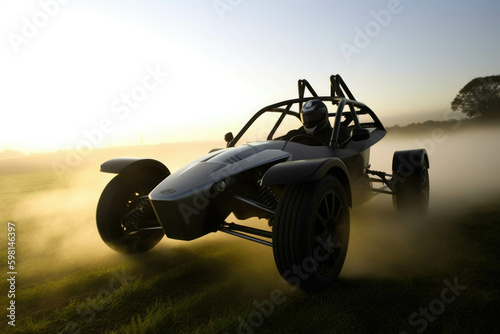 A midair shot of a offroad racing car flying over a large jump its suspension flexing and its body shaking. Speed drive concept. AI generation. Generative AI © Justlight