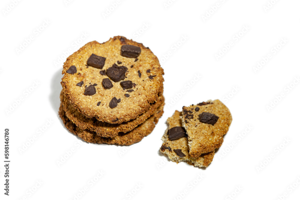Handmade cookies for a healthy breakfast. Isolated homemade oatmeal cookies with dark chocolate.