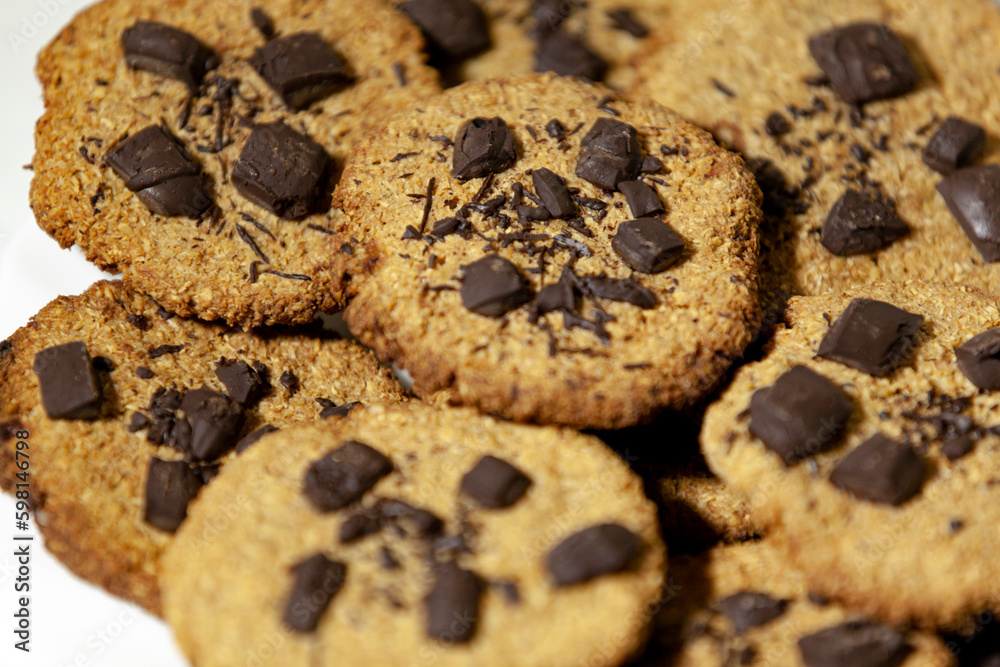 Handmade cookies for a healthy breakfast. Homemade oatmeal cookies with dark chocolate