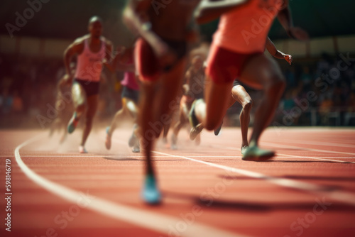 Motion blurred athletes running in a track and field race, Generative AI