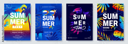 Summer Festival poster collection. Summer flyer design. Abstract background in A4 size with tropical nature motives and place for text. Ideal for season event invitation, promo. Vector illustration photo