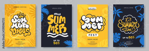 Summer poster collection with creative typography. Summer party or festival invitation design. Lettering and calligraphy in different styles. Ideal for promo, advertisement, graphic print, label.