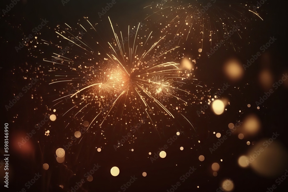 Fototapeta premium Golden Fireworks Show with Bokeh Lights in the Night Sky - Generative AI