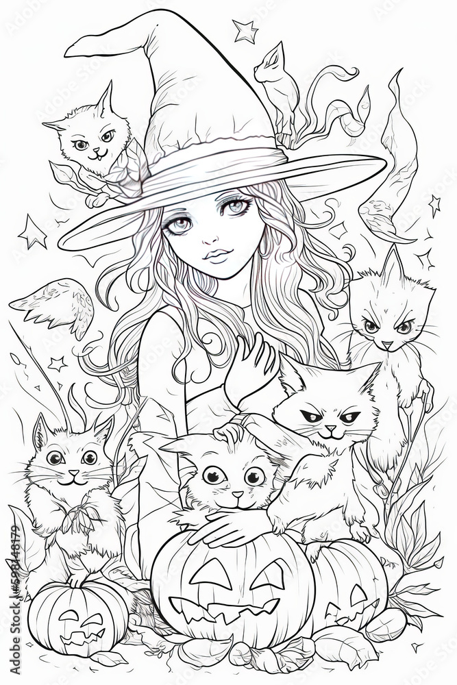 Coloring page for children, witch with a lot of animals, cartoon style ...