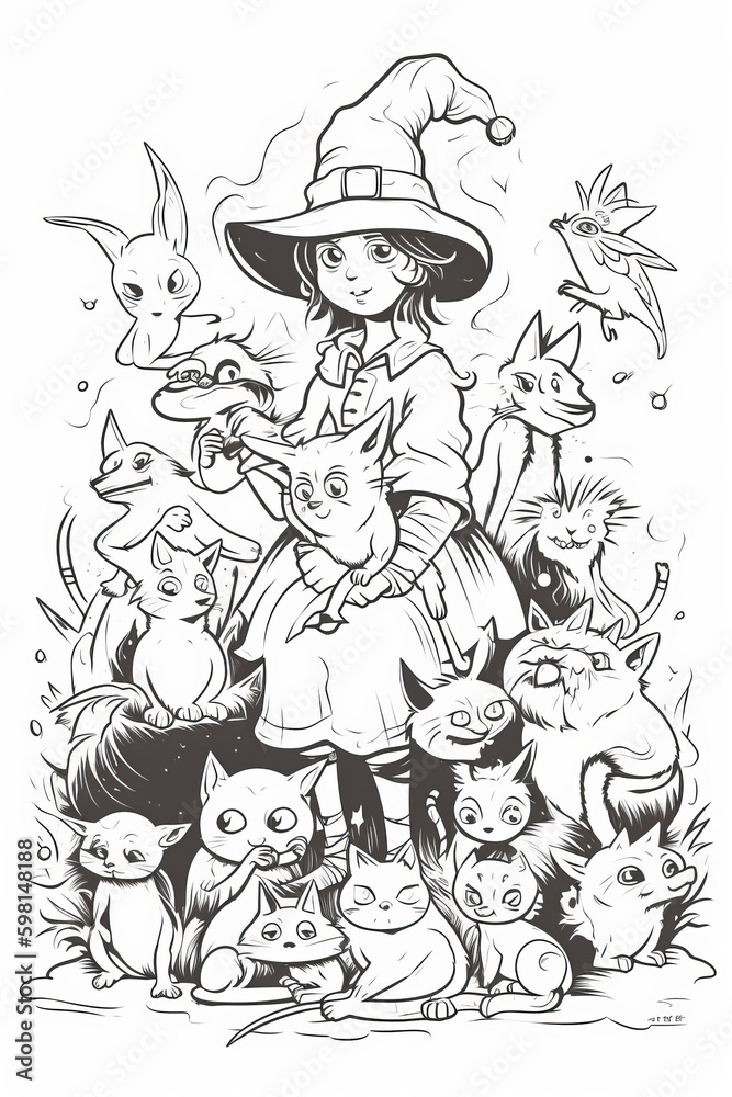 Coloring page for children, witch with a lot of animals, cartoon style ...