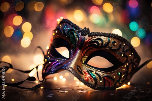 Venetian Mask Party: Carnival Masquerade with Shiny Streamers on Abstract Defocused Bokeh Lights - Generative AI