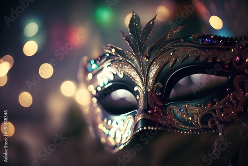 Masquerade Disguise with Venetian Mask and Shiny Streamers on Abstract Bokeh Lights - Generative AI