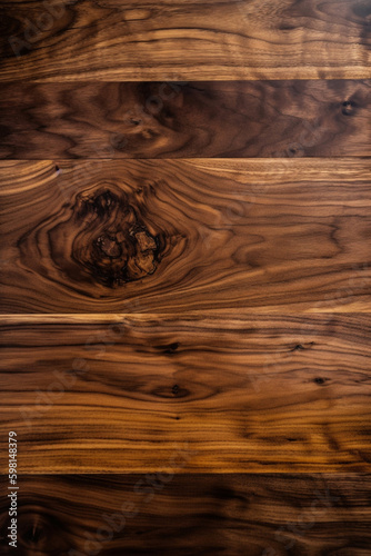 Close-up of a large dark walnut wood table surface showcasing its natural wood grain and texture