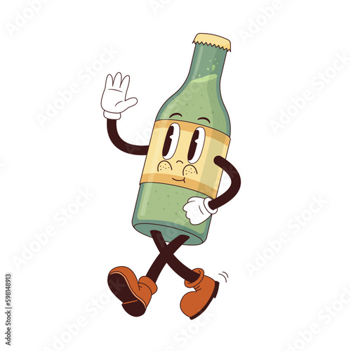 Funny bottle character in retro 70s groove style. Cartoon vector illustration. Vintage lemonade beverage mascot