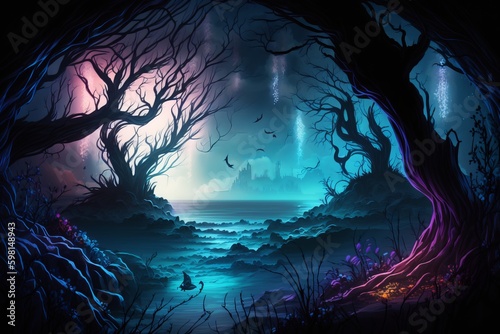 Magic Halloween Landscape with Forest, Sea, and Enchanting Light - Generative AI