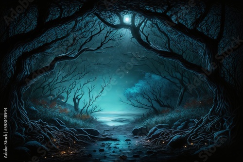 Halloween Landscape with Enchanted Forest, Mysterious Sea, and Spooky Illumination - Generative AI