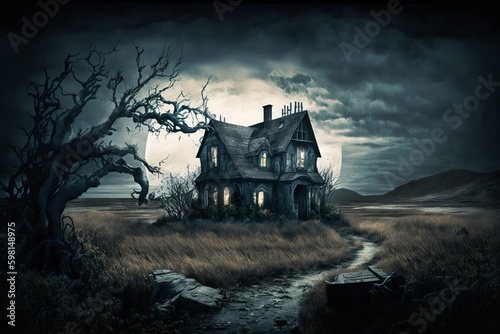 Dark Mysterious Halloween Landscape with an Abandoned House - Generative AI
