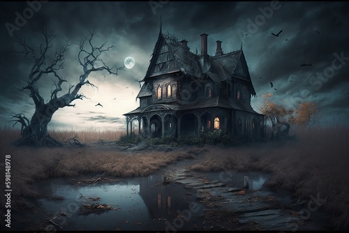 Dark Mysterious Halloween Landscape with Old Abandoned House - Generative AI