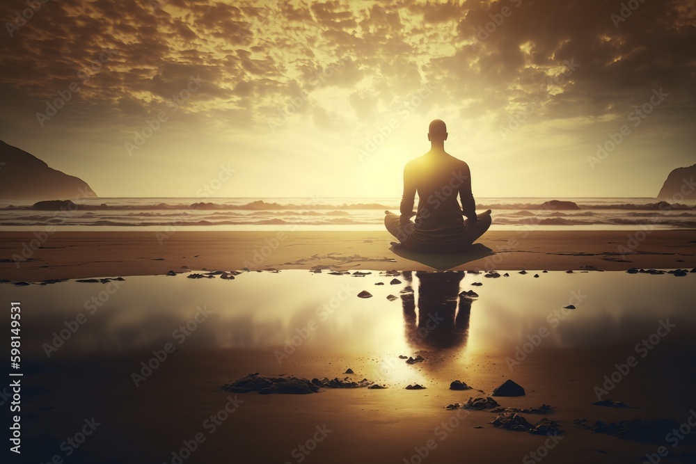 Harmonious Yoga Meditation on a Calm and Relaxing Beach - Generative AI
