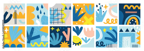 Abstract design poster set, trendy graphic cards with geometric elements, hand drawn collection.