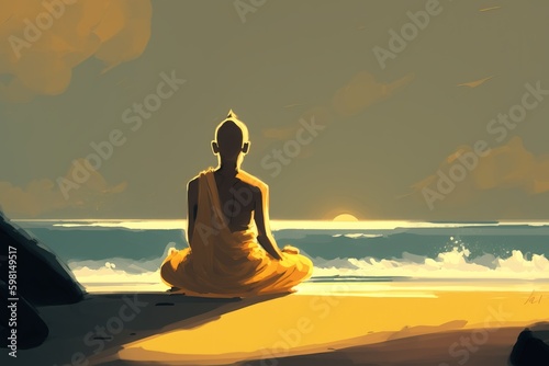 Harmonious Yoga Meditation on a Calm and Relaxing Beach - Generative AI © Rysak