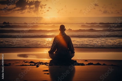 Harmonious Yoga Meditation on Calm and Relaxing Beach - Generative AI