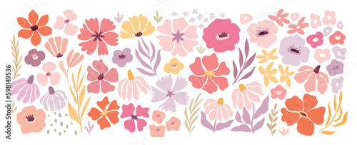 Floral collection with flowers, leaves for your design. Hand drawn set, boho groovy style.