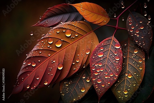 Colorful Autumn Leaves with Soft Raindrop Reflection - Generative AI