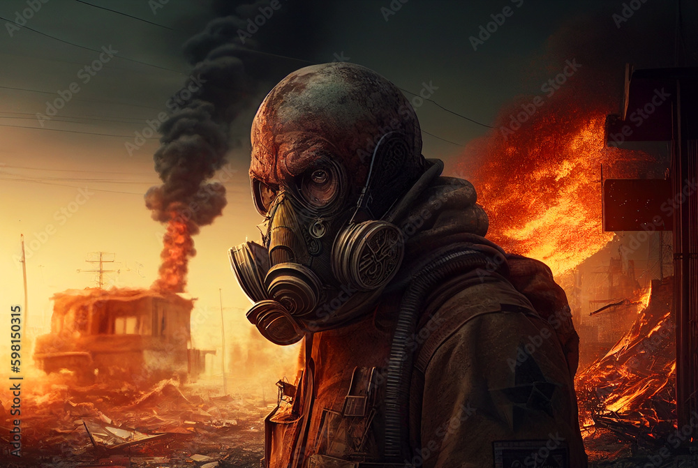 Gas mask on man during explosion. Chemical weapons against civil, destruction of houses and buildings. nuclear war concept. Nuclear explosion as a radioactivity result of world military conflict. AI Gas mask on man during explosion. Chemical weapons against civil, destruction of houses and buildings. nuclear war concept. Nuclear explosion as a radioactivity result of world military conflict. AI