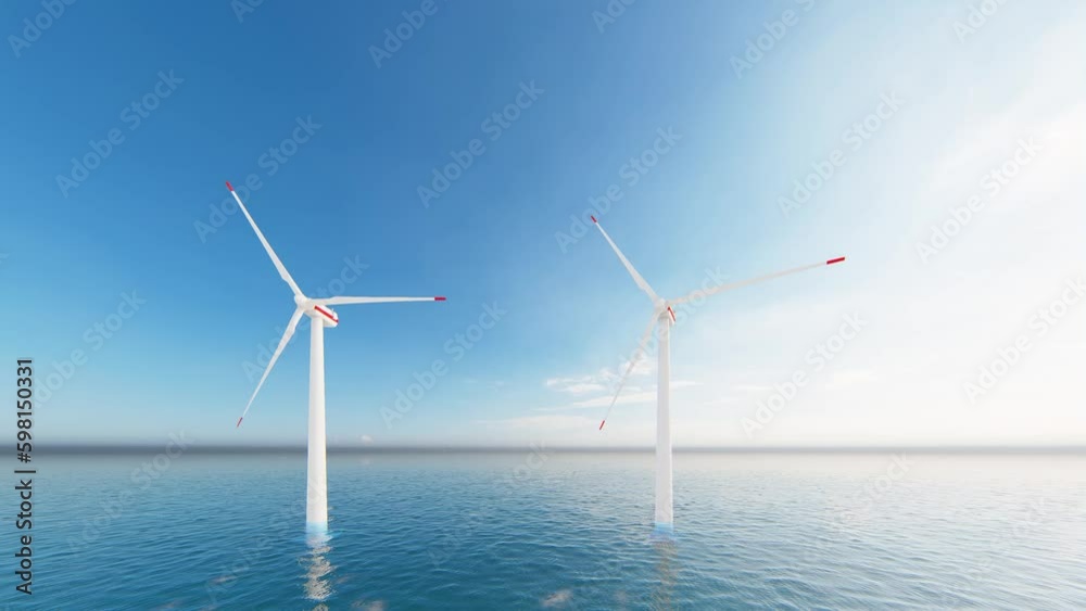 4K ULTRA HD. Offshore wind turbines farm on the ocean. 3D Animation. Sustainable energy production, clean power. 4K ULTRA HD. Offshore wind turbines farm on the ocean. 3D Animation. Sustainable energy production, clean power.