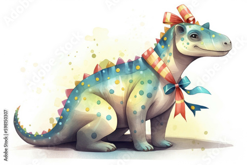 An Edmontosaurus wearing a bright polka dot ribbon. AI generation. Generative AI