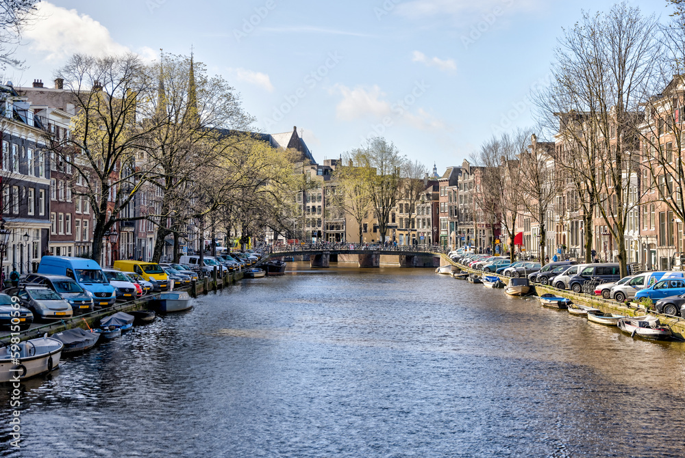 The unique urban architecture and scenery along the canals in Amsterdam
