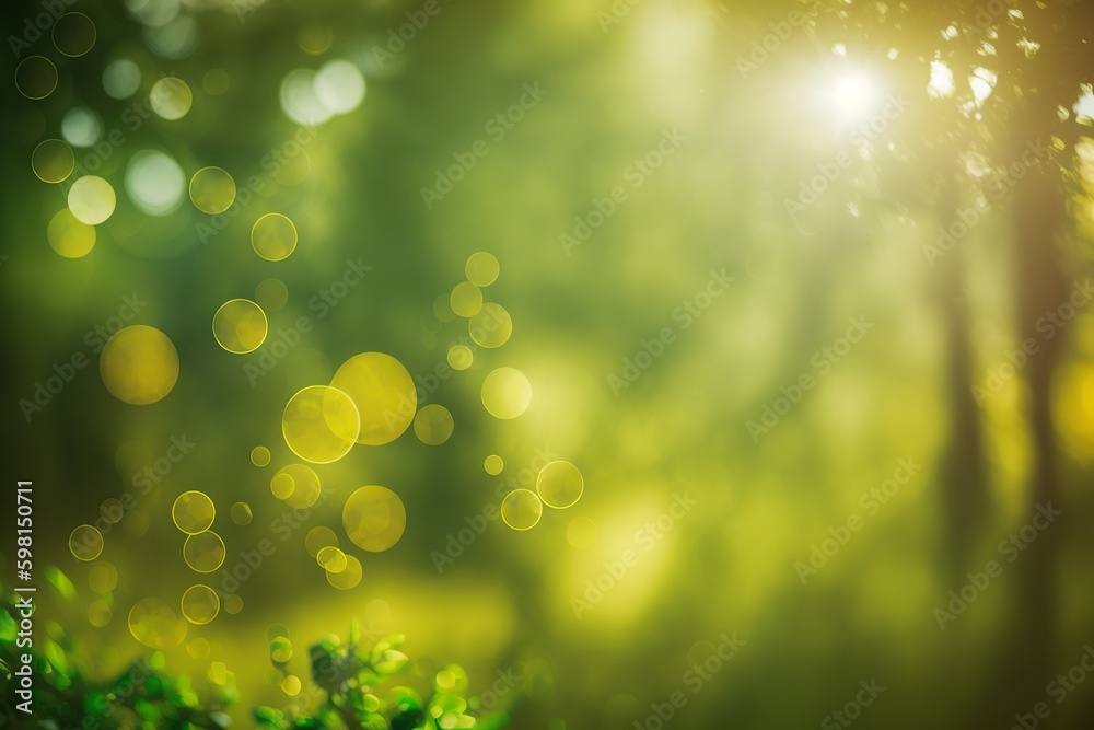 Obraz premium Green and Yellow Bokeh Background with Sunshine - Generative AI